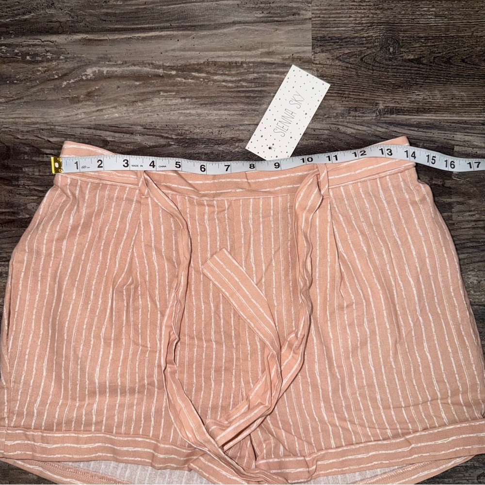 Sienna Sky Blush Pink White Striped Paperbag Tie Waist High-Rise Cotton Shorts - Picture 4 of 7